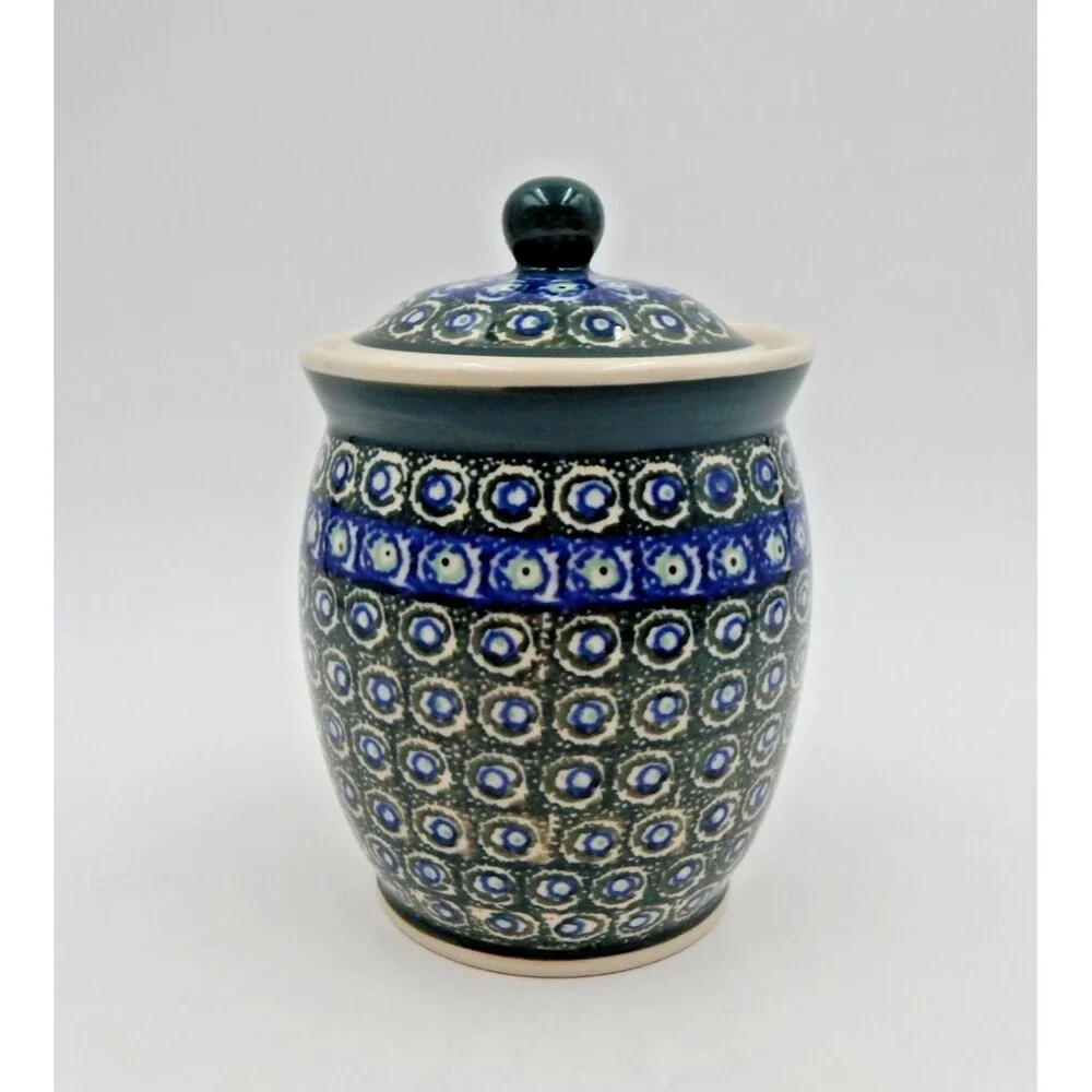 Bolesławiec Polish Pottery Small Canister Jar 5 Inch Green Blue Swirl